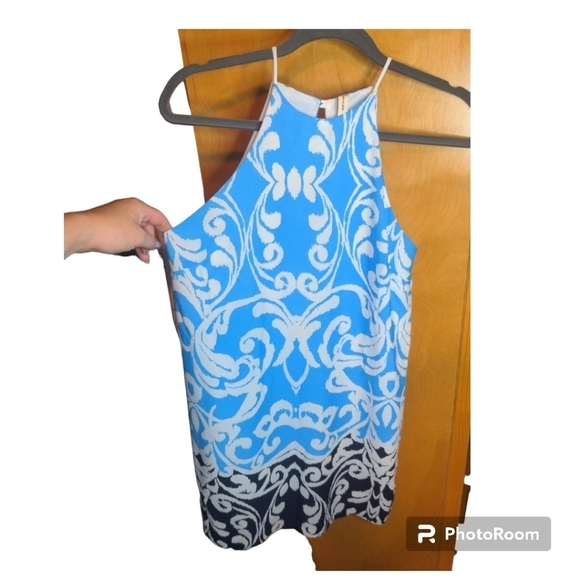 Shift Dress Summer Blues with White Swirl Sleeveless Halter - Picture 3 of 12